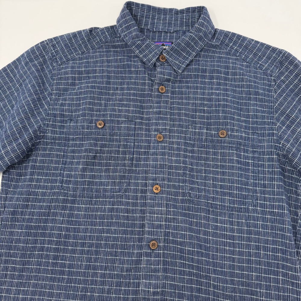 Patagonia Mens Migration Hemp Shirt Blue Grid Short Sleeve Size Small